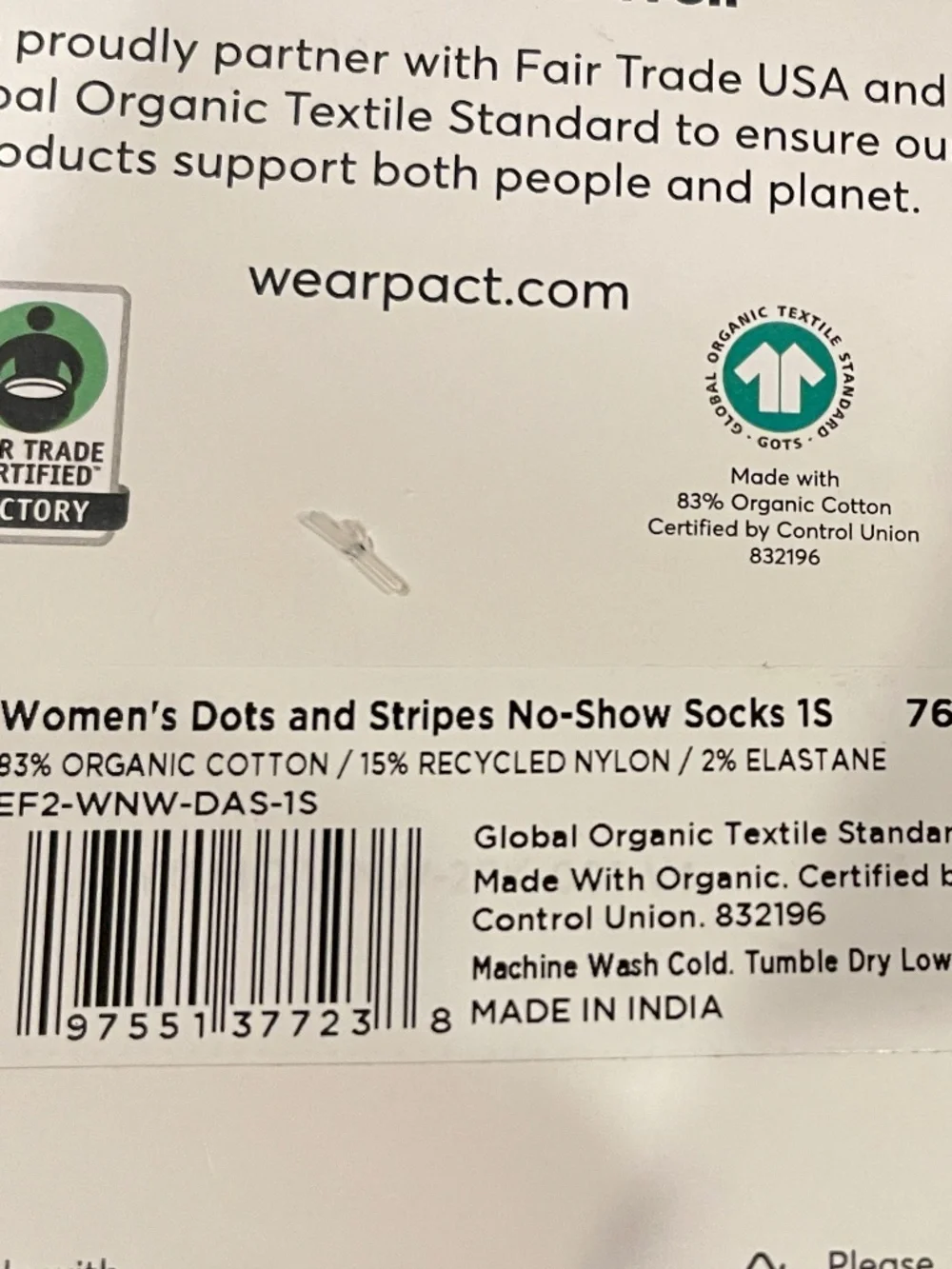 NEW! Pact Women's Dots & Stripes No Show Socks 2 Pack Organic Cotton NWT!